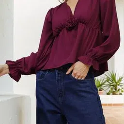 Shein Cute Flounce Sleeves Flower Applique Peplum Top-picture-46