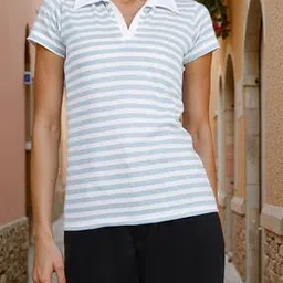 Shein Spread Collar Short Sleeves Striped Fitted Tshirt-picture-45