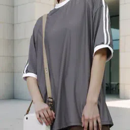 Shein Drop Shoulder Contrast Trim Long Oversized Fit Crew Tshirt image 1