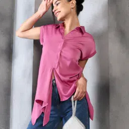 Shein Spread Collar Extended Sleeves Front Tie-Up Shirt Style Top-picture-46