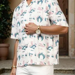 Shein Medium Length Cuban Collar Abstract Print Relaxed Fit Shirt-picture-47