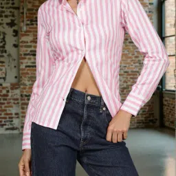 Shein Spread Collar Cuffed Sleeves Striped Fitted Shirt image 1