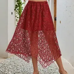 Shein Party Shimmer Embroidery Midi Asymmetrical Lace Skirt-image-27