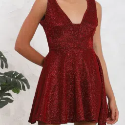 Shein Deep V Neck Sleeveless Shimmer Fit & Flare Dress image 1