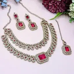 vatsalya Women Stone-Studded Necklace & Earrings with Mangtika Set-picture-18