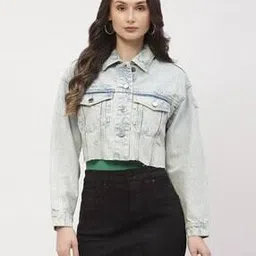 madame Women Heavily Washed Relaxed Fit Denim Jacket-picture-18