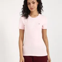 tommy hilfiger Women Regular Fit Round-Neck T-Shirt with Logo Print-picture-17