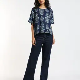 svrnaa by azorte Handblock Print Loose Fit Round-Neck Top image 1