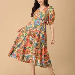the mom store Women Floral Print V-Neck Wrap Dress-picture-40