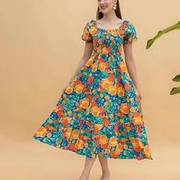 zwerlon x ag Women Floral Print Square-Neck Fit & Flare Dress-picture-34