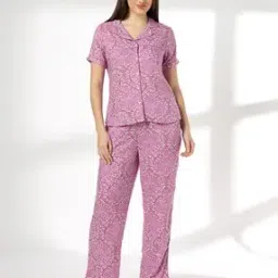 Women Floral Print Regular Fit Shirt & Pyjamas Set-image-3