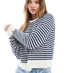 asos design Crew-Neck Jumper with Rib Fashioning in Stripe image 1