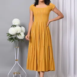 VYMO Women Self Design Smocked Tiered Fit & Flared Dress-image-38