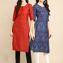 7threads KALINI Women Pack of 2 Red & Blue Geometric Printed Block Print Handloom Crepe Kurta-picture-6