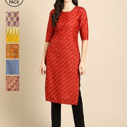 7Threads Women Pack Of 6 Red Ethnic Motifs Printed Crepe Kurta-picture-35