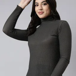 SHOWOFF Self Design High Neck Long Sleeves Opaque Fitted Casual Top-image-85