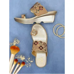 Jove Women Golden Embellished Wedge Heels-image-3