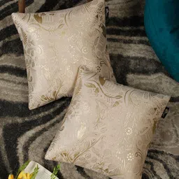 HOSTA HOMES Cream-Coloured & Gold-Toned Set of 2 Ethnic Motifs Velvet Square Cushion Covers image 1