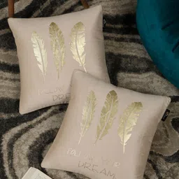 HOSTA HOMES Cream-Coloured & Gold-Toned Set of 2 Ethnic Motifs Velvet Square Cushion Covers image 1
