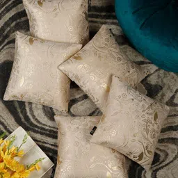 HOSTA HOMES Cream-Coloured & Gold-Toned Set of 5 Floral Velvet Square Cushion Covers image 1