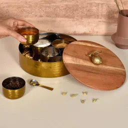 Living With Elan Dabbahs and Days Masala Box with Wooden Lid -Antique Gold & Acacia-picture-10