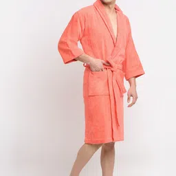 Creeva Unisex Coral-Coloured Solid Bath Robe With Pockets image 3