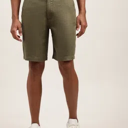 HARSAM Men Olive Green Pure Linen Shorts-picture-26