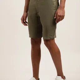 HARSAM Men Olive Green Pure Linen Shorts image 4