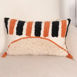 Art Avenue Cream-Coloured & Orange Self Design Cotton Rectangle Cushion Cover image 1