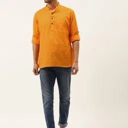 RAJUBHAI HARGOVINDAS Men Mustard Yellow Solid Straight Kurta image 4