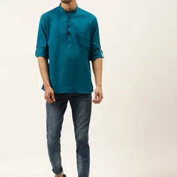 RAJUBHAI HARGOVINDAS Men Teal Blue Solid Straight Kurta image 2