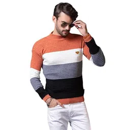 wear lusso Men's Woolen Sweater Regular Fit for Winter Wear | Round Neck Full Sleeve Striped Sweater | Warm and Stylish Winter Sweater image 1