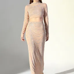 SHOWOFF Embellished High Neck Long Sleeves Top With Skirt-image-57