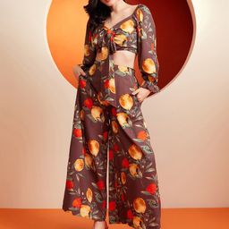 KASSUALLY Brown Printed V-Neck Top With Trousers-picture-47