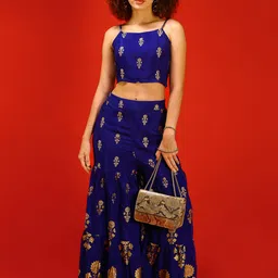 Sera Blue & Gold Toned Ethnic Printed Shoulder Straps Top With Palazzo-image-90