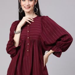 Jaipur Kurti Women Mandarin Collar Gathered Top With Elasticated Gathered Sleeves Co-Ords-picture-49