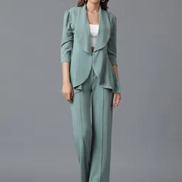 kotty bizwear Kotty Sea Green Shawl Neck Coat With Trousers-picture-10