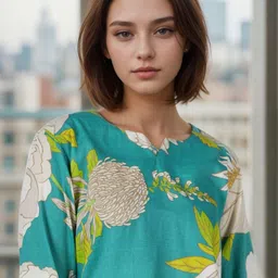 NEYSA Floral Printed Round Neck Tunic With Trousers Co-Ords Set image 3