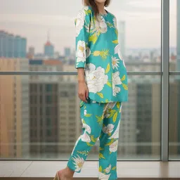 NEYSA Floral Printed Round Neck Tunic With Trousers Co-Ords Set image 4