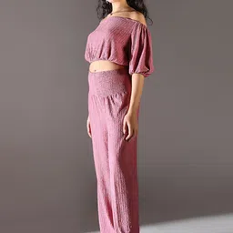 SHOWOFF Self Design Off-Shoulder Neck Three-Quarter Sleeves Top With Trouser image 4