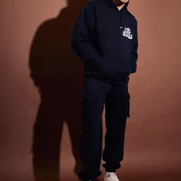 MASCLN SASSAFRAS Navy Blue & White Typography Printed Hooded Oversized Tracksuit-image-41