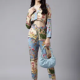 TRYMISFIT Floral Printed Shawl-Neck Crop Top With High-Rise Trousers Co-Ords image 3