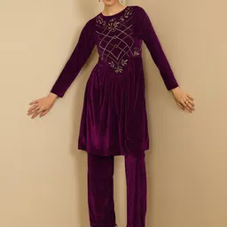 Antheaa Purple Embroidered Velvet Tunic With Trouser image 2