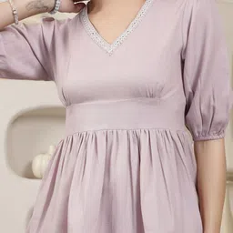 Stylum Lavender & White V-Neck Puff Sleeves Top With Pant image 5