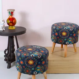 Shadowkart Blue & Orange 2 Pieces Floral Printed Wooden Pouffes Sitting Mudda Ottomans-picture-49