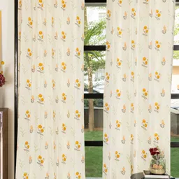 URBAN SPACE Yellow & Cream Coloured 2 Pieces Floral Printed Pure Cotton Long Door Curtains-picture-12