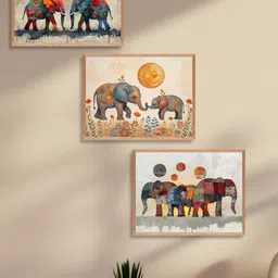 Aura Beige & Orange 3 Pieces Birds and Animals Printed Wall Paintings-image-7