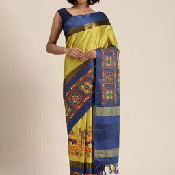 Mitera Yellow & Blue Embroidered Saree-image-96