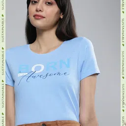 HERE&NOW Women Blue Printed Pure Cotton T-shirt-picture-25