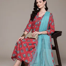 Readiprint Fashions Floral Printed Pleated Beads & Stones Pure Cotton Kurta Set-picture-30